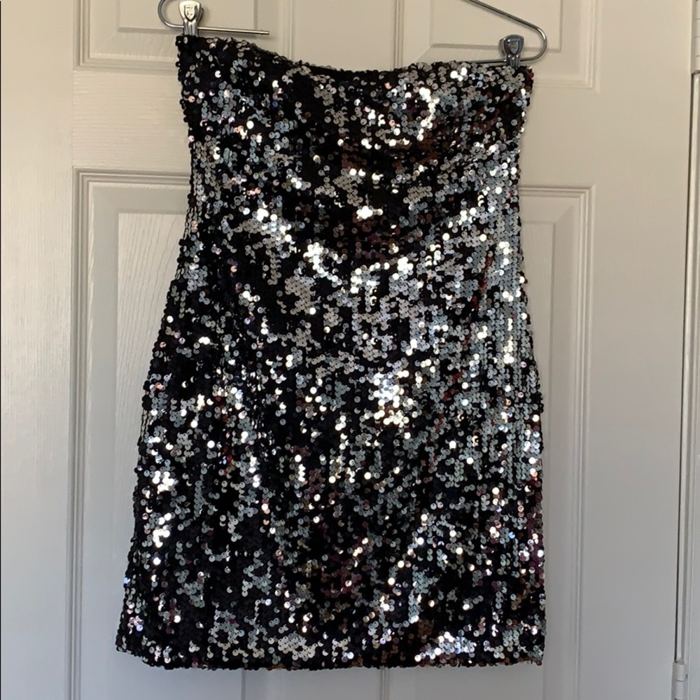 Silver Sequin Strapless Cocktail Dress, Size M